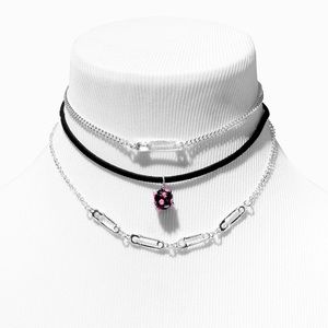 🎀 PINK FIREBALL & SILVER SAFETY PIN CHOKER NECKLACES - 3 pieces 💞